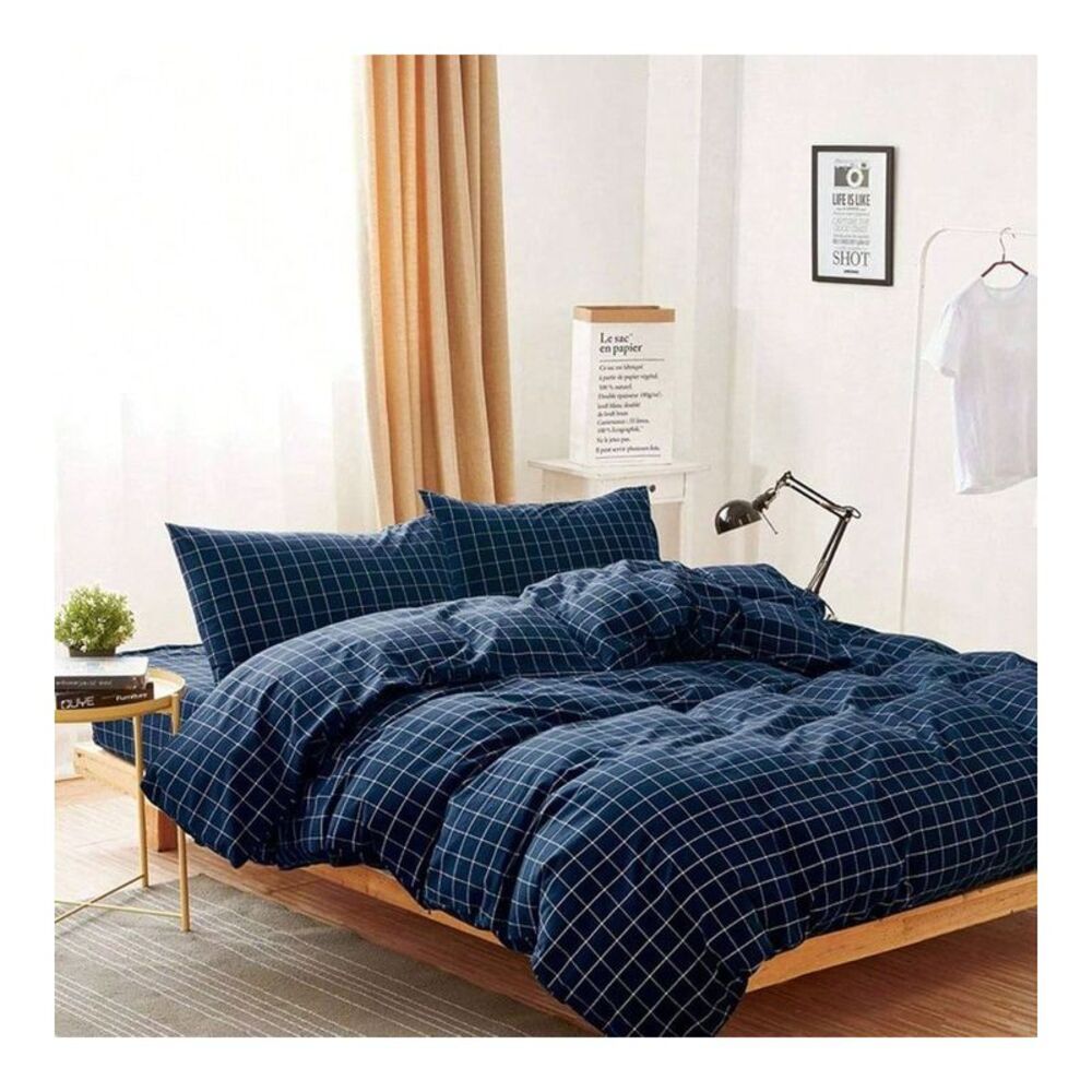 AI'MAGE - Navy Blue Plaid Cotton Duvet Cover Set Queen Size  Blue